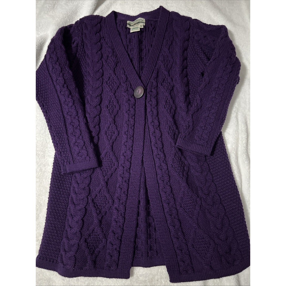 Aran Crafts Ireland Womens M Merino Wool Cable Knit Cardigan Sweater Purple